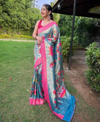 Teal art silk  woven saree 1