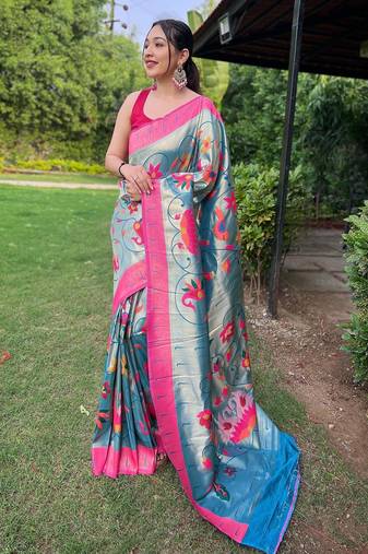 Teal art silk  woven saree