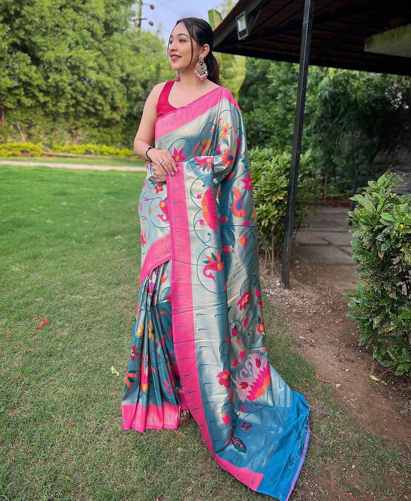 Teal art silk  woven saree