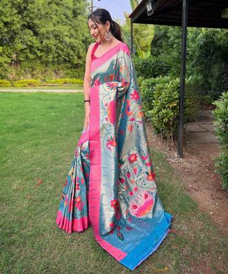Teal art silk  woven saree 2