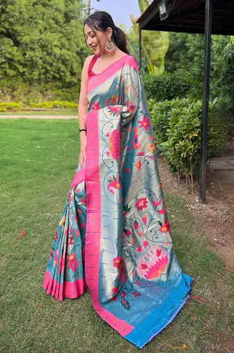 Teal art silk  woven saree