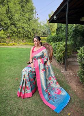 Teal art silk  woven saree 3