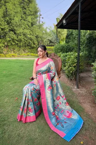Teal art silk  woven saree