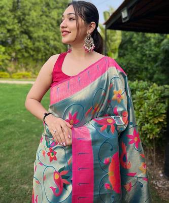 Teal art silk  woven saree 4