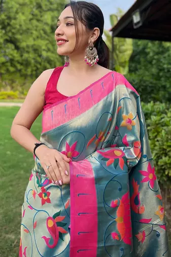 Teal art silk  woven saree