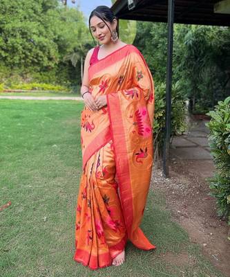 Yellow art silk  woven saree 1