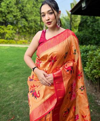 Yellow art silk  woven saree 4