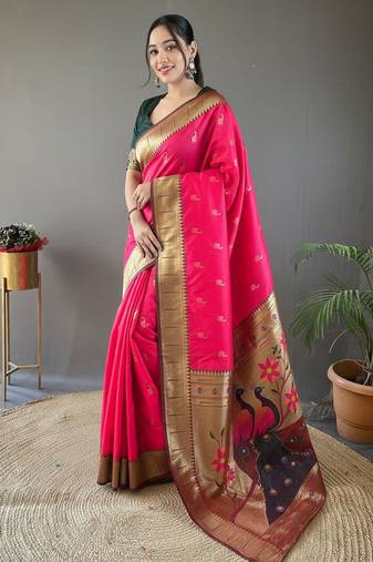 Pink art silk  woven saree