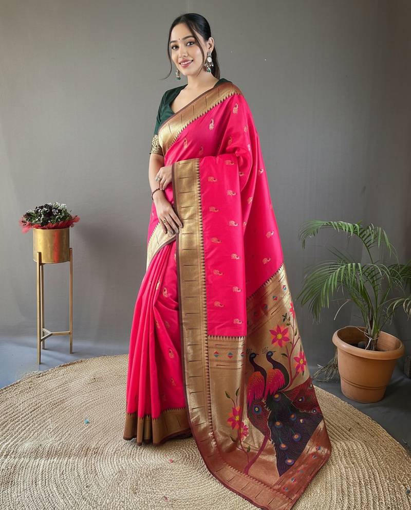 Pink art silk  woven saree