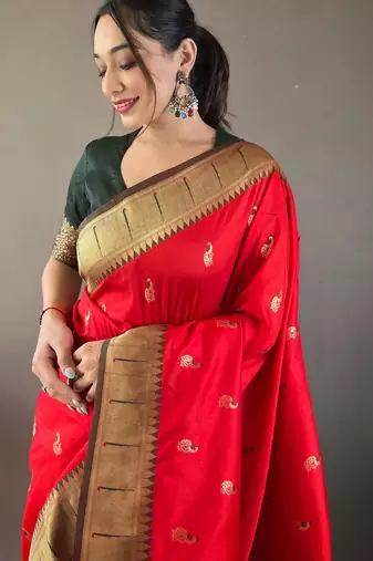 Red art silk  woven saree