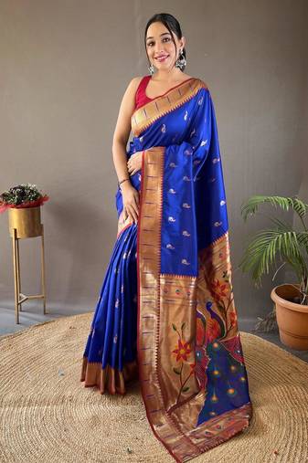 Royal blue art silk  woven saree