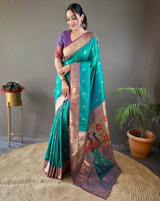 Turquoise art silk  woven saree 1