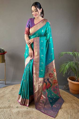 Turquoise art silk  woven saree