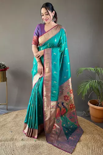Turquoise art silk  woven saree