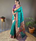 Turquoise art silk  woven saree