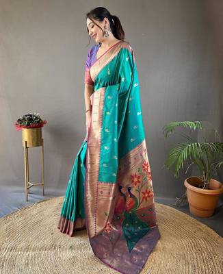 Turquoise art silk  woven saree 2