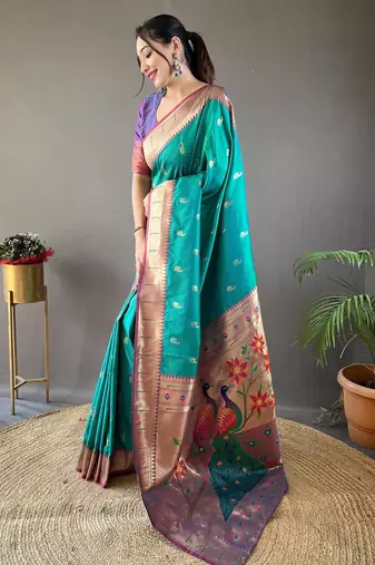 Turquoise art silk  woven saree