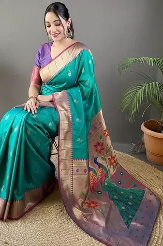 Turquoise art silk  woven saree