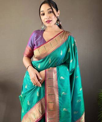 Turquoise art silk  woven saree 4