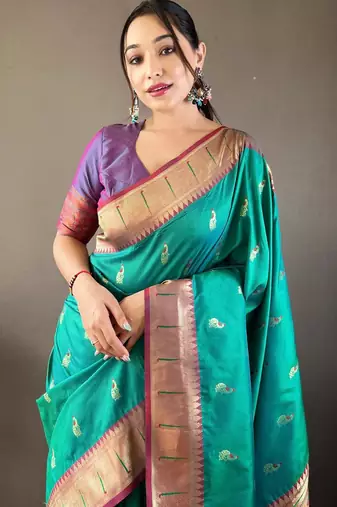 Turquoise art silk  woven saree