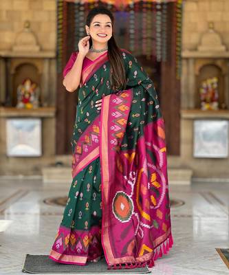 Dark green art silk  woven saree 2
