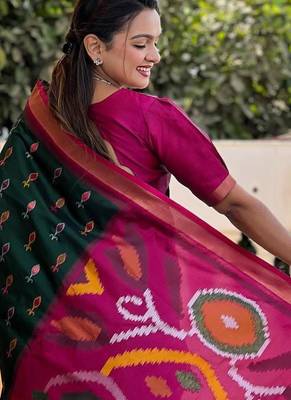 Dark green art silk  woven saree 3