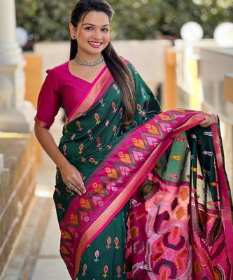 Dark green art silk  woven saree 4