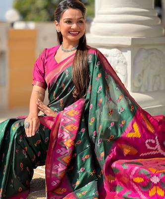Dark green art silk  woven saree 5