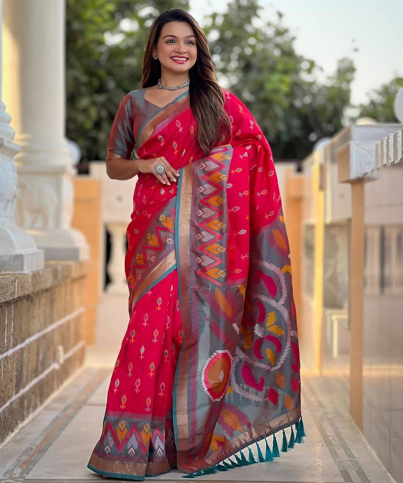 Hot pink art silk  woven saree