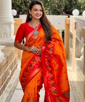 Yellow art silk  woven saree 4