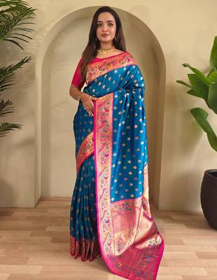Blue art silk  woven saree 1