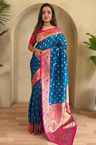 Blue art silk  woven saree