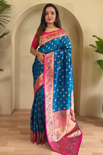 Blue art silk  woven saree