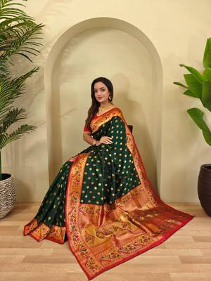 Green art silk  woven saree 4
