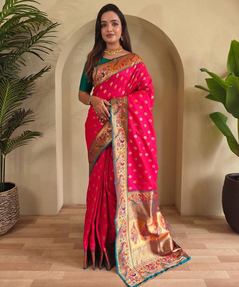 Pink art silk  woven saree