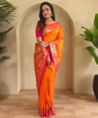 Yellow art silk  woven saree 1