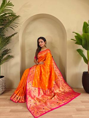 Yellow art silk  woven saree 4