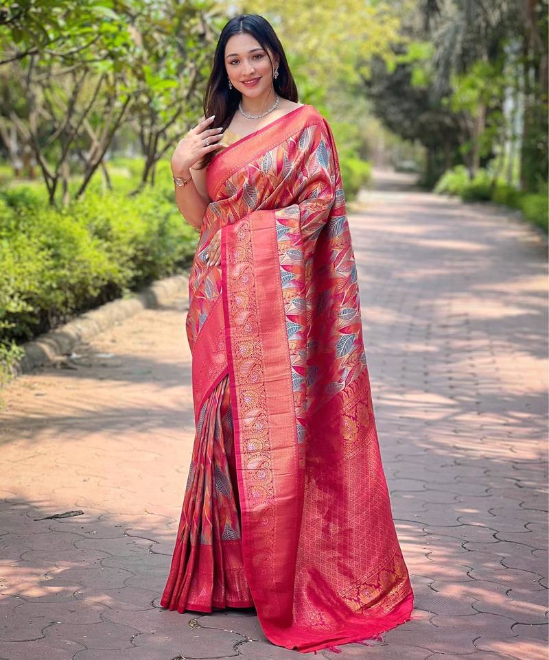Hot pink art silk  woven saree