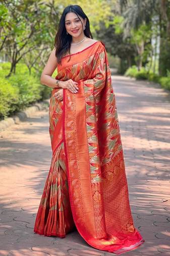 Orange art silk  woven saree