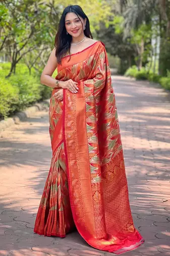 Orange art silk  woven saree