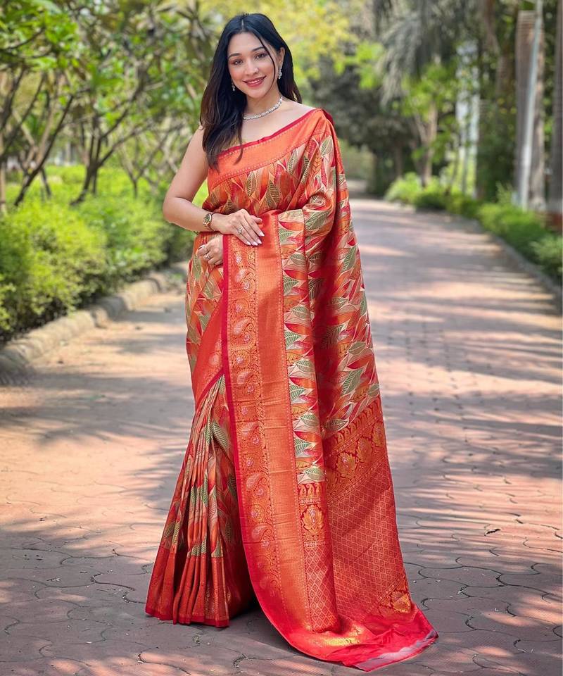 Orange art silk  woven saree