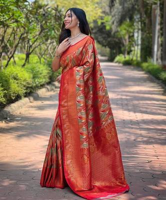 Orange art silk  woven saree 2