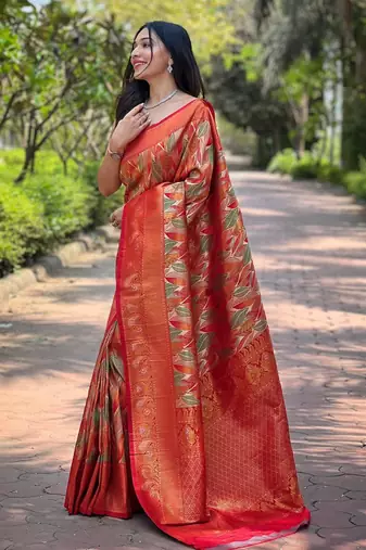 Orange art silk  woven saree