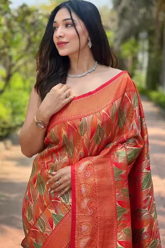 Orange art silk  woven saree