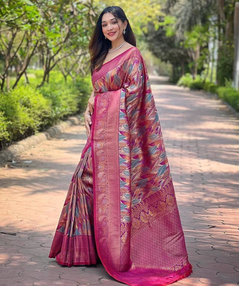 Pink art silk  woven saree