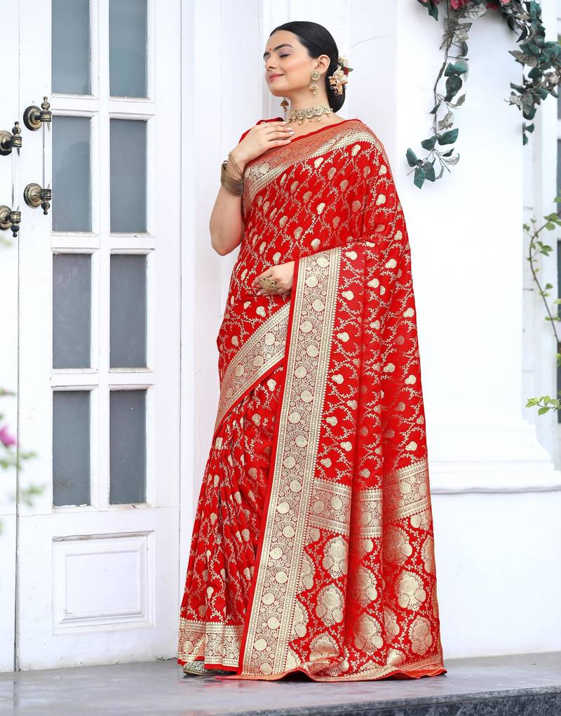 Red art silk  woven saree