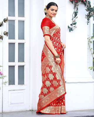 Red art silk  woven saree 2
