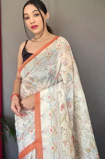 Cream art silk  woven saree