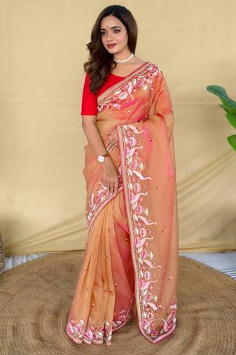Peach art silk  woven saree