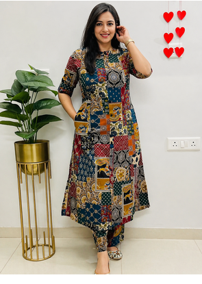 MultiColor Patchwork Printed Cotton A-Line Kurti with Pant Set 1